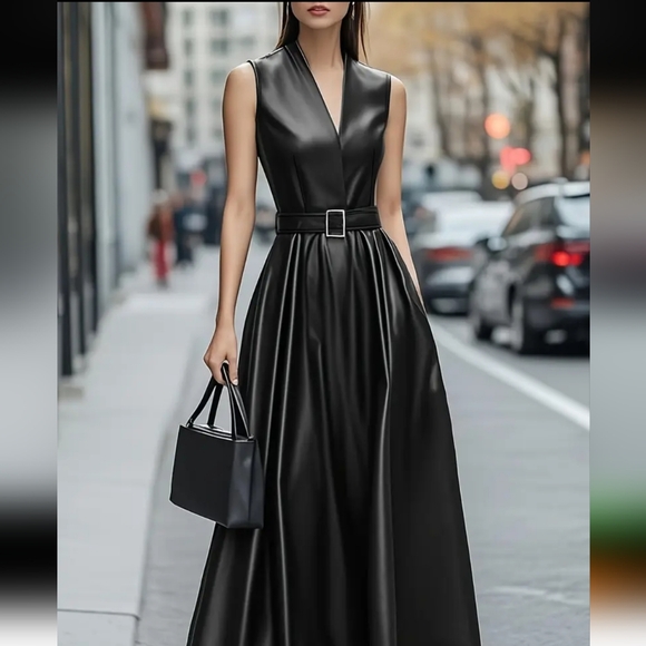 Dresses & Skirts - Elegant Sleeveless V-Neck Dress with Belt- Chic Black A-Line Midi Dress forWomen